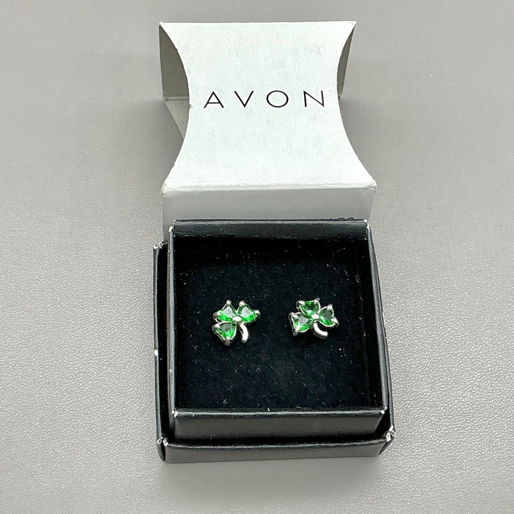Avon Earrings Shamrock Green Rhinestone Silver Tone Clover Studs Boxed